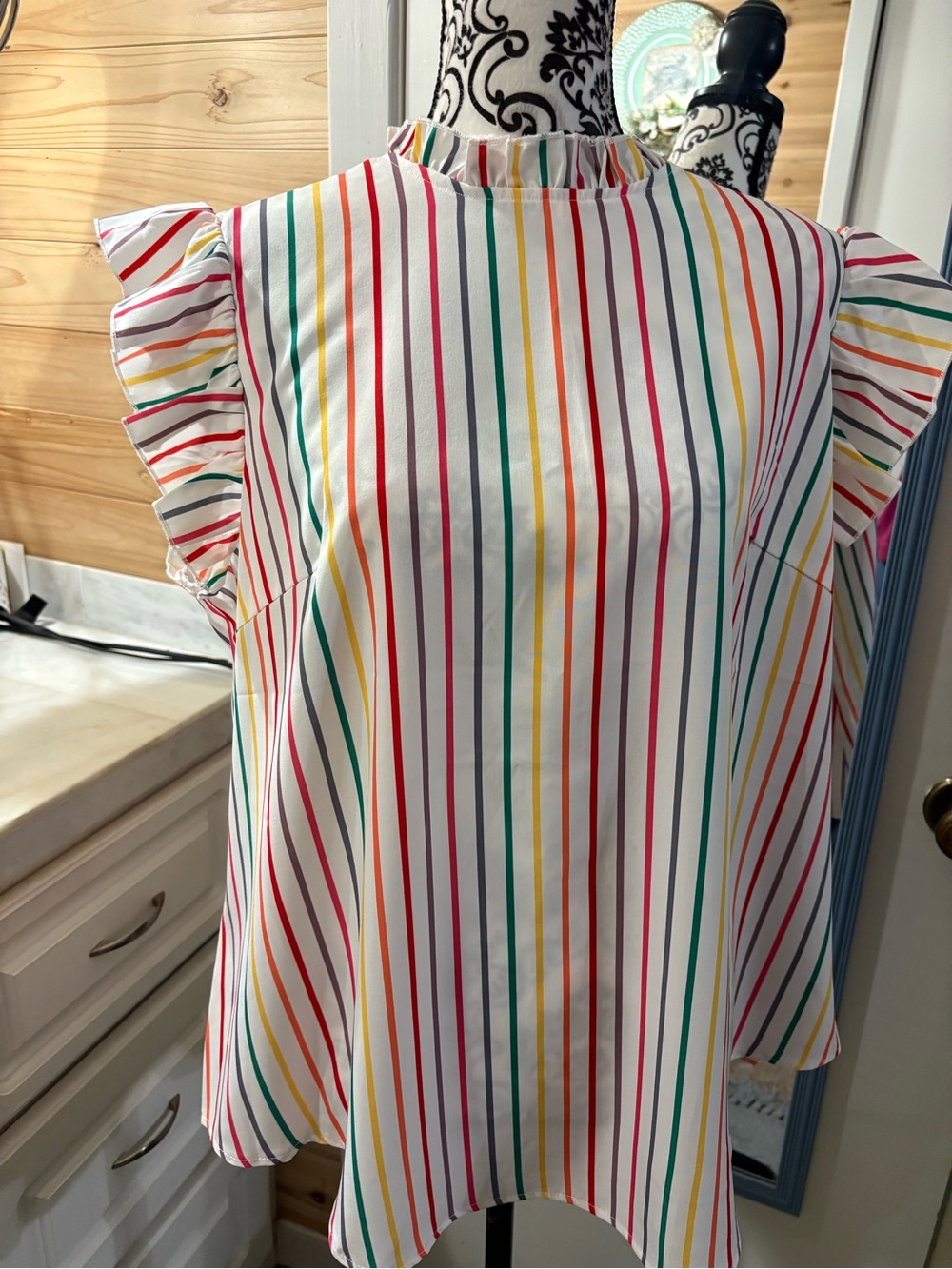 SHEIN White Multi-Stripe Ruffle Sleeve Mock Neck Top